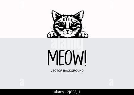 Vector Monochrome dessiné à la main Black, White Hiding Peeking Kitten. Tête de chaton avec griffes en haut Peeking sur blanc blanc Placerard, affiche, carte, bannière. Animaux de compagnie Illustration de Vecteur