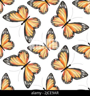 Motif sans couture aquarelle papillon dessiné à la main isolé sur fond blanc. Papillon orange Monarch Banque D'Images