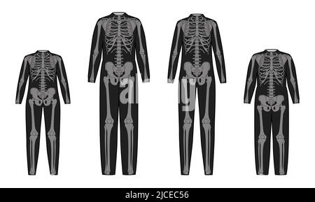 Ensemble de costume de squelette OS humains pour toute la famille hommes femmes enfants pour Halloween, festivals pour l'impression de vêtements pour le jour de la mort plat noir gris concept illustration vectorielle isolée Illustration de Vecteur