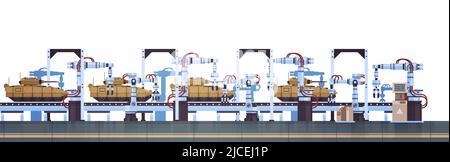 chars sur la ligne de convoyeur d'assemblage avec bras robotisés transport de bataille spécial équipement militaire blindé lourd de la production de véhicules de combat Illustration de Vecteur