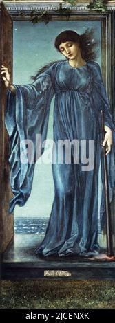 Un portrait de Nyx (la nuit) par Edward Burne Jones (1833-1898). Dans la mythologie grecque, Nyx était l'une des figures primordiales créées du chaos. Elle s'accouple avec Erebus (Ténèbres) pour donner naissance à Ether (lumière) et Hemera (jour). Plus tard, elle donne naissance à Moros (Doom, Destiny), les Keres (destruction, mort), Thanatos (mort), Hypnos (sommeil), le Oneiroi (rêves), Momus (blâme), Oizys (douleur, détresse), Les Hesperides, les Moirai (fates), Nemesis (indignation, châtiment), Apate (tromperie), Philotes (amitié), Geras (vieillesse) et Eris (conflits) Banque D'Images
