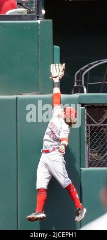 St. Louis, États-Unis. 12th juin 2022. Les Cincinnati Reds ont laissé le fielder TJ Friedl sauter mais ne peuvent pas atteindre un ballon de course à domicile au large de la chauve-souris des cardinaux de Saint Louis Nolan Arenado dans le troisième repas au stade Busch de Saint Louis, dimanche, 12 juin 2022. Photo par Bill Greenblatt/UPI crédit: UPI/Alay Live News Banque D'Images