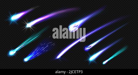 Comètes volantes, astéroïdes ou météores avec piste de flamme isolée sur fond transparent. Vecteur ensemble réaliste de chute de météorites luminescentes de l'espace, boules de feu brûlant dans l'atmosphère de la Terre Illustration de Vecteur