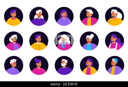 Avatars de personnes pour les médias sociaux ou le profil dans l'application. Vecteur de portraits plats de personnages hommes et femmes avec différents styles de cheveux, lunettes et barbe dans des cadres de cercle noir Illustration de Vecteur