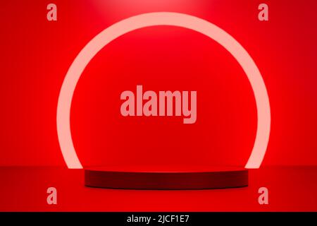 Piédestal avec lumières rouges. Maquette de présentation de produits de luxe. 3d scène de rendu avec scène de composition de lampe à anneau rouge. Présentoir vide sur pied ou sur podium Banque D'Images