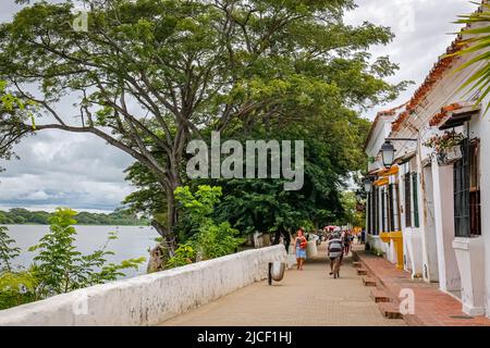 Promenade sur la rivière avec des maisons historiques typiques, arbres à Santa Cruz de Mompox, Colombie, patrimoine mondial Banque D'Images