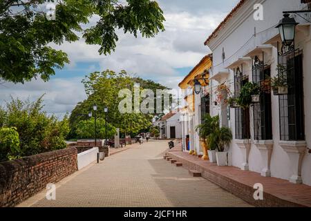 Promenade sur la rivière avec des maisons historiques typiques, arbres à Santa Cruz de Mompox, Colombie, patrimoine mondial Banque D'Images