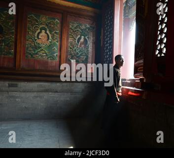 Un moine bouddhiste au beau temple lama de Beijing, en Chine. Banque D'Images