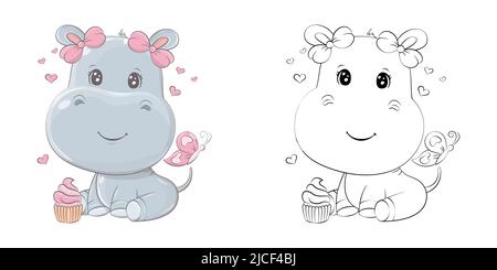 Clipart Hippo multicolore et noir et blanc. Mignon clip Art Hippopotamus avec cupcake. Illustration vectorielle d'un animal pour autocollants, douche de bébé Illustration de Vecteur