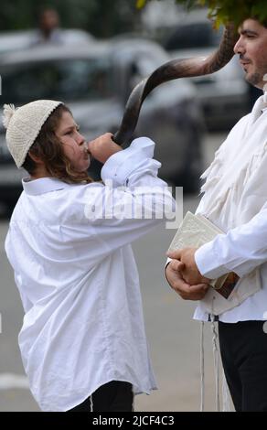 Uman, Ukraine. 21th de septembre 2017. Un juif soufflant le Shofar, pèlerinage juif au lieu Saint de la tombe du Rabi Nachman de Bresslov. Banque D'Images