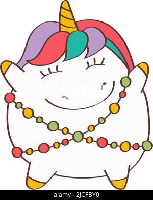 Adorable Clipart Fat Christmas Unicorn Illustration de style dessin animé. Caricature Art de Noël Unicorn. Illustration vectorielle d'un animal pour les autocollants Illustration de Vecteur