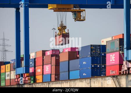 Duisburg, Rhénanie-du-Nord-Westphalie, Allemagne - Port de Duisburg, Port de conteneurs, logport de duisport, au port de Duisburg sur le Rhin, deux des plus grandes compagnies de transport de conteneurs au monde, CMA CGM et NYK (Nippon Yushiki Kaisha), exploitent le terminal trimodal de Duisburg, D3T, avec le duisport, Au centre logistique du port logique de Duisburg-Rheinhausen, la plus grande grue à conteneurs intérieure du monde fonctionne au terminal à conteneurs avec le statut de port maritime. Banque D'Images