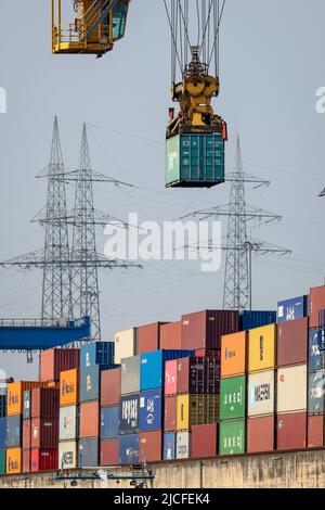 Duisburg, Rhénanie-du-Nord-Westphalie, Allemagne - Port de Duisburg, Port de conteneurs, logport de duisport, au port de Duisburg sur le Rhin, deux des plus grandes compagnies de transport de conteneurs au monde, CMA CGM et NYK (Nippon Yushiki Kaisha), exploitent le terminal trimodal de Duisburg, D3T, avec le duisport, Au centre logistique du port logique de Duisburg-Rheinhausen, la plus grande grue à conteneurs intérieure du monde fonctionne au terminal à conteneurs avec le statut de port maritime. Banque D'Images