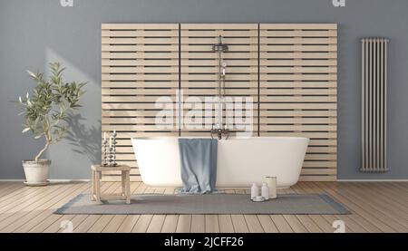 Salle de bains bleue avec baignoire sur panneau en bois - 3D chambres Banque D'Images
