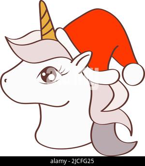 Jolie tête de licorne de Noël en forme de dessin animé. Dessin animé clip Art Noël Unicorn face. Illustration vectorielle d'un animal pour Illustration de Vecteur