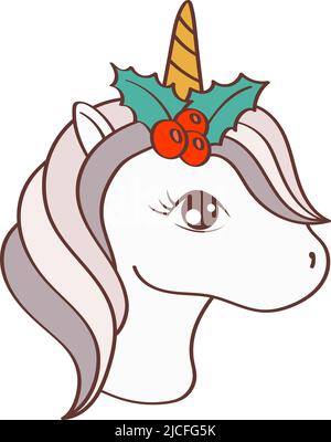 UNICORN Christmas Head Clipart en adorable style dessin animé joli clip Art Christmas Unicorn face. Illustration vectorielle d'un animal pour tirages pour Illustration de Vecteur