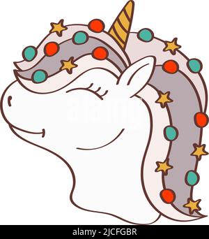 Cute Christmas Unicorn face Clipart for Kids Holidays and Goods. Happy clip Art Christmas Unicorn Head. Illustration vectorielle d'un animal pour les autocollants Illustration de Vecteur