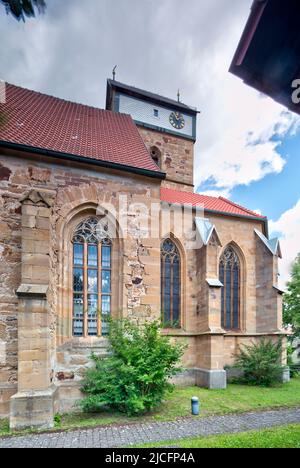 Eglise Maria Magdalena, château d'église, façade de maison, été, Milz, Römhild, Thuringe, Allemagne, Europe, Banque D'Images