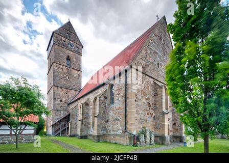 Eglise Maria Magdalena, château d'église, façade de maison, été, Milz, Römhild, Thuringe, Allemagne, Europe, Banque D'Images