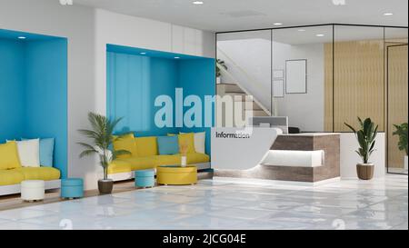 Centre de santé moderne branché ou clinique médicale, hall et salle d'attente, design intérieur avec comptoir d'information, canapé confortable, table basse et indoo Banque D'Images