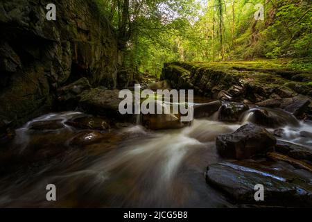 Petites cascades et rochers lisses sur la rivière Afon Pyrddin près de Pontneddfechan, pays de Galles du Sud, Royaume-Uni, connu sous le nom de Waterfall Country Banque D'Images