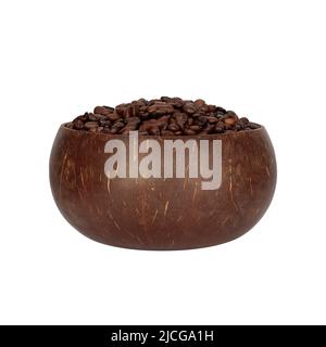 Bol en bois de coco fait main rempli de grains de café. ustensiles de cuisine écologiques. Sur un arrière-plan isolé. Un produit zéro déchet. Banque D'Images