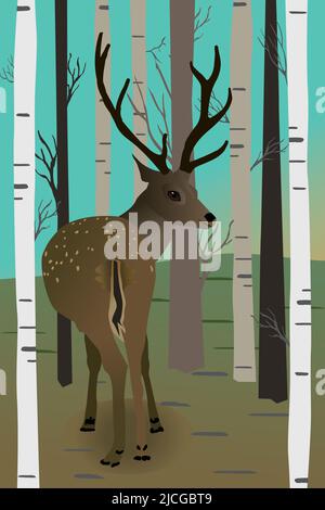 Illustration vectorielle d'un cerf dans la forêt. Vous voyez l'animal de son arrière et il regarde vers vous en arrière. C'est un cerf mâle avec des bois. Illustration de Vecteur