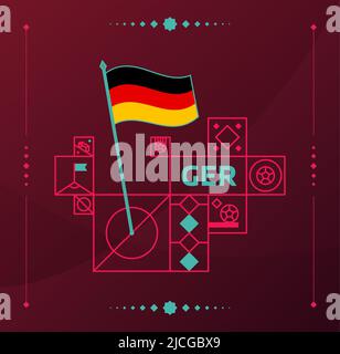 allemagne world football tournament 2022 vecteur drapeau ondulé épinglé à un terrain de football avec des éléments de design. Phase finale du tournoi mondial de football 2022. Non Illustration de Vecteur