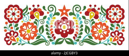 Motif floral vectoriel de style broderie mexicaine, ornement inspiré de l'art populaire du Mexique, arrière-plan traditionnel artisanal vibrant en rouge, jaune et gre Illustration de Vecteur