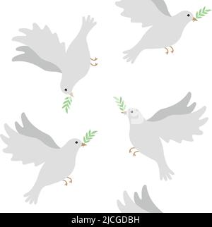 Motif vectoriel sans couture de colombes de paix dessinées à la main et isolées sur fond blanc Illustration de Vecteur