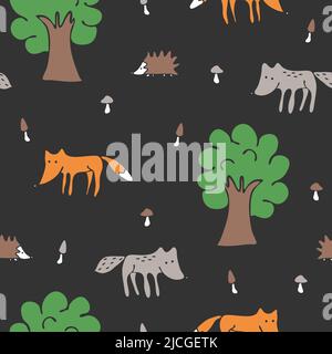 Motif vectoriel sans couture avec animaux de la forêt dans l'obscurité. Papier peint à motif renard, loup et hérisson pour enfants. Art animal dessiné à la main Illustration de Vecteur