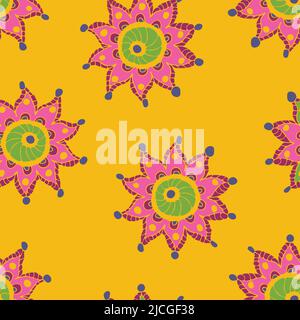 Motif vectoriel sans couture avec fleur rose abstraite sur fond jaune vif. Papier peint à motif fleuri style bohémien. Vêtements de mode hippies. Illustration de Vecteur