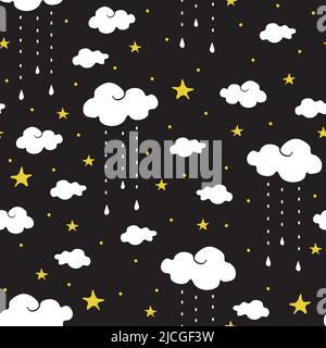 Motif vectoriel transparent avec nuages et étoiles sur fond noir. Simple fond d'écran design rêve comme ciel de nuit. Idéal pour la décoration des chambres d'enfants. Illustration de Vecteur