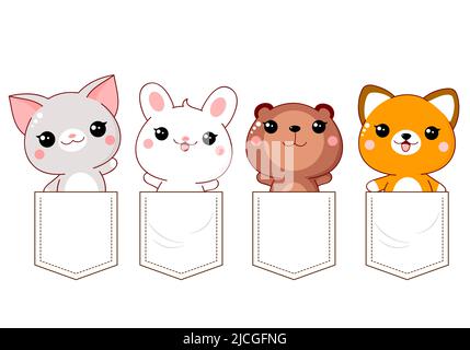 Mignon kawaii petit renard, chat, lapin, castor dans un ensemble de poche. Collection bébé d'animaux dans les poches. Imprimé piments avec personnages drôles pour t-shirt desi Illustration de Vecteur