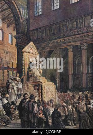 Le pape Grégoire le Grand (vers 540-604) référence la dernière homélie dans la basilique de San Lorenzo à Rome, 593 - gravure Banque D'Images