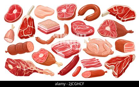 Ensemble de viande isolé sur blanc. Cuisine agricole, concept de boucherie. Illustration vectorielle Illustration de Vecteur