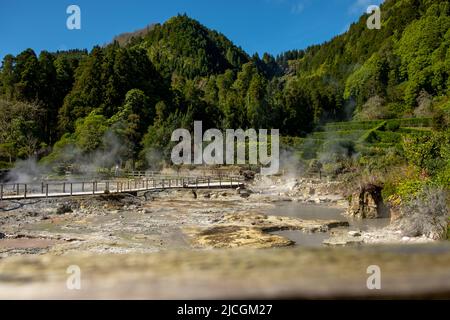 Sources thermales du lac de Furnas - ' Lagoa das Furnas '. Ventilation à vapeur aux sources thermales de Furnas sur l'île de São Miguel dans les Açores, au Portugal. Banque D'Images