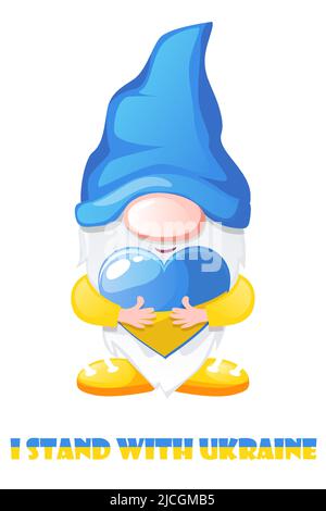 Gnome ukrainien dans les couleurs bleu et jaune dans les mains coeur de l'Ukraine. Illustration de Vecteur