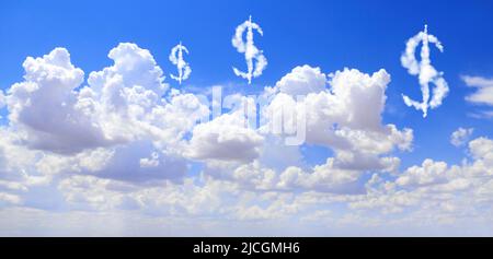 Faire de l'argent. Les signes du dollar AMÉRICAIN dans les nuages. Nuages en forme de symboles de devise du dollar américain. Symbole dollar en nuage. Affaires, développement et pros Banque D'Images