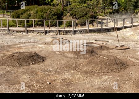 Vue sur la Caldera dans le lac de Furnas 'Lagoa das Furnas'. Caldera est une vapeur volcanique pour cuisiner des aliments dans le sol chaud. Île de São Miguel, Açores, Portugal Banque D'Images