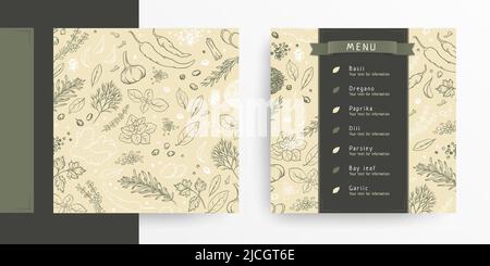 Modèle de menu, épices, condiments et herbes, illustration des dessins au trait Illustration de Vecteur