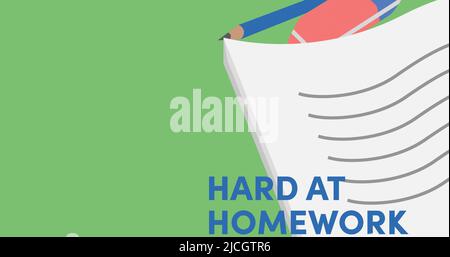 Illustration d'un livre au crayon et à la gomme et d'un texte dur sur fond vert pour les devoirs Banque D'Images