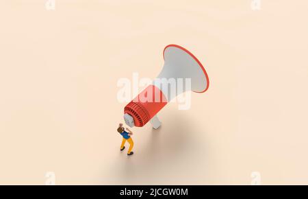Personnage masculin utilisant un mégaphone. Annonce commerciale. 3D rendu Banque D'Images