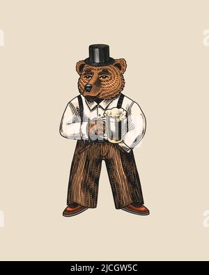 Porter en chemise et bretelles avec de la bière. Personnage animal de mode en costume vintage. Esquisse dessinée à la main. Look rétro. Illustration vectorielle gravée pour Illustration de Vecteur