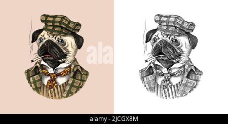 Chien PUG fume un cigare dans un costume en tweed.Personnage animal mode dans les vêtements.Esquisse dessinée à la main.Illustration vectorielle gravée pour étiquette, logo et T Illustration de Vecteur