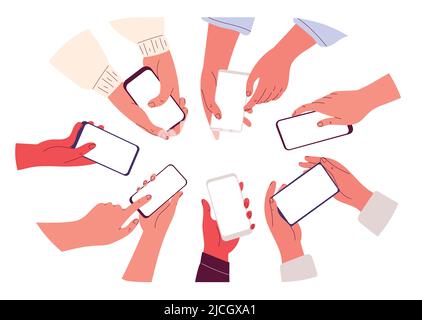 Mains tenant les smartphones. Personnes utilisant des téléphones mobiles, écran vide, publicité téléphone mobile, application mobile. Illustration de Vecteur