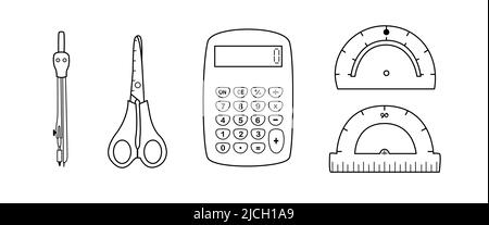 Ensemble de fournitures scolaires. Accessoires d'architecte minimalistes. Outils vectoriels dessinés à la main pour les mathématiques. Ciseaux, compas Illustration de Vecteur