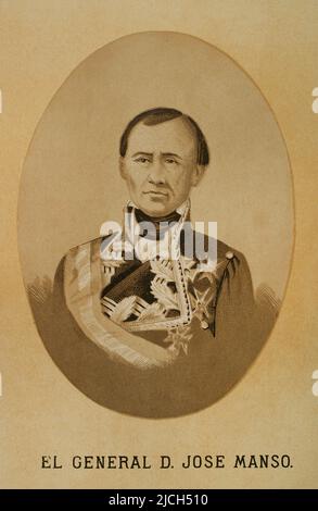 José Manso y Solá (1785-1863). Soldat espagnol de l'armée de Fernando VII et Isabel II Portrait. 'Historia de la Revolución Española (desde la Guerra de la Independencia a la Restauración en Sagunto), por Vicente Blasco Ibáñez. Volume I. publié à Barcelone, 1890. Banque D'Images