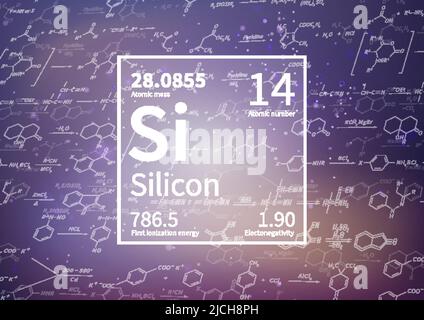 Élément chimique en silicium avec énergie de première ionisation, masse atomique et valeurs d'électronégativité sur fond scientifique Illustration de Vecteur