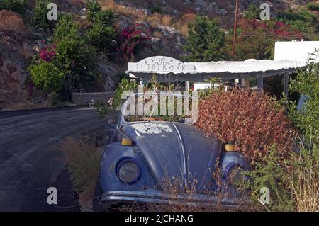 La vieille Volkswagen Beetle recyclée comme un plantoir de bord de route, l'île de Tilos Dodécanèse, près de Rhodes Grèce Banque D'Images